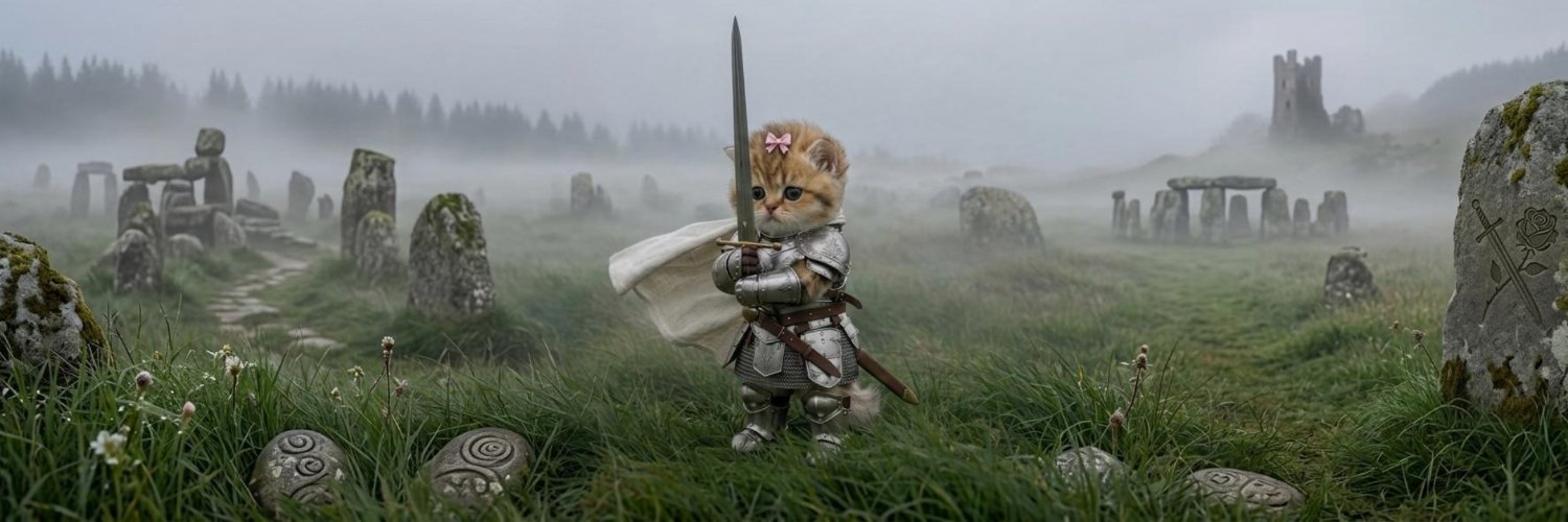 Bundle Cat in full armor stands in a foggy stone circle, sword raised, pink bow bright against the mist
